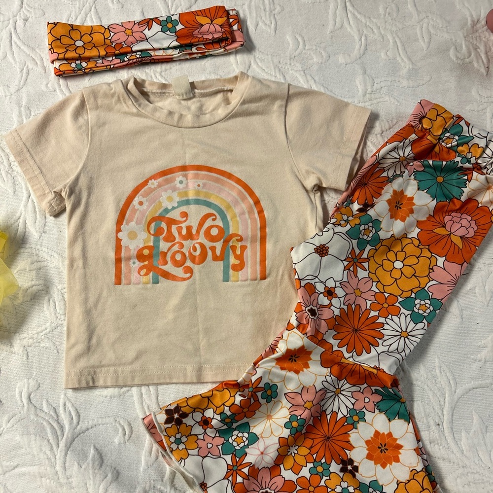 Retro 'Two Groovy' Rainbow Tee with Floral Bell-Bottoms